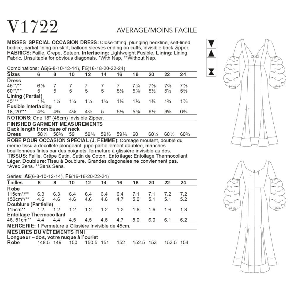 Vogue Misses' Special Occasion Dress V1722 - Sewing Pattern