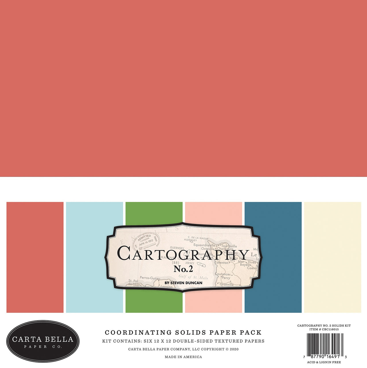 Echo Park Paper Carta Bella Double-Sided Solid Cardstock 12"X12" 6/Pkg - Cartography No. 2, 6 Colors