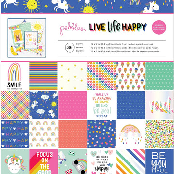 American Crafts Pebbles Single-Sided Paper Pad 12"X12" 36/Pkg - Live Life Happy, 12 Designs/3 Each