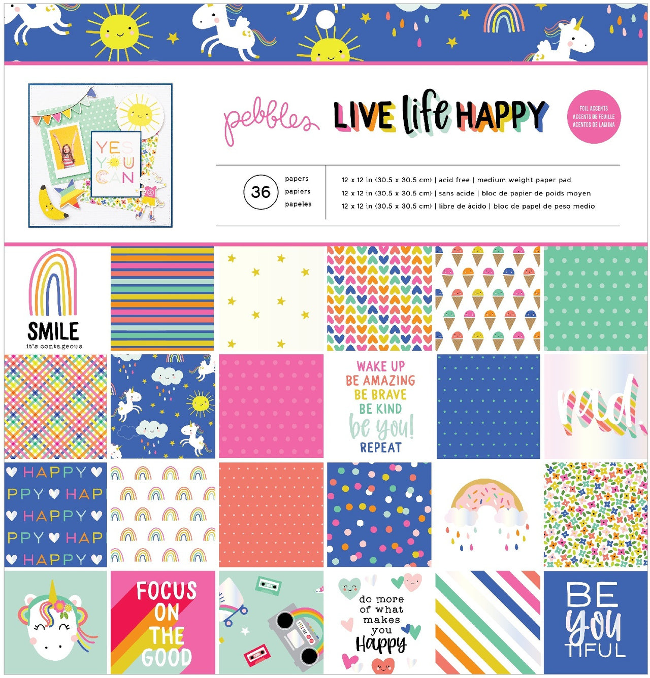 American Crafts Pebbles Single-Sided Paper Pad 12"X12" 36/Pkg - Live Life Happy, 12 Designs/3 Each