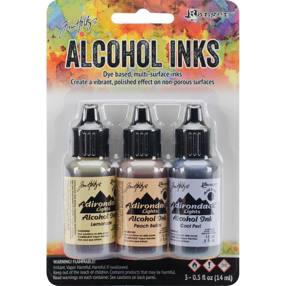 Ranger Tim Holtz Alcohol Ink .5oz 3/Pkg - Wildflowers-Lemonade/Peach Bellini/Peri