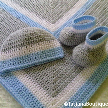 Baby Boy Blanket, Hat and Booties