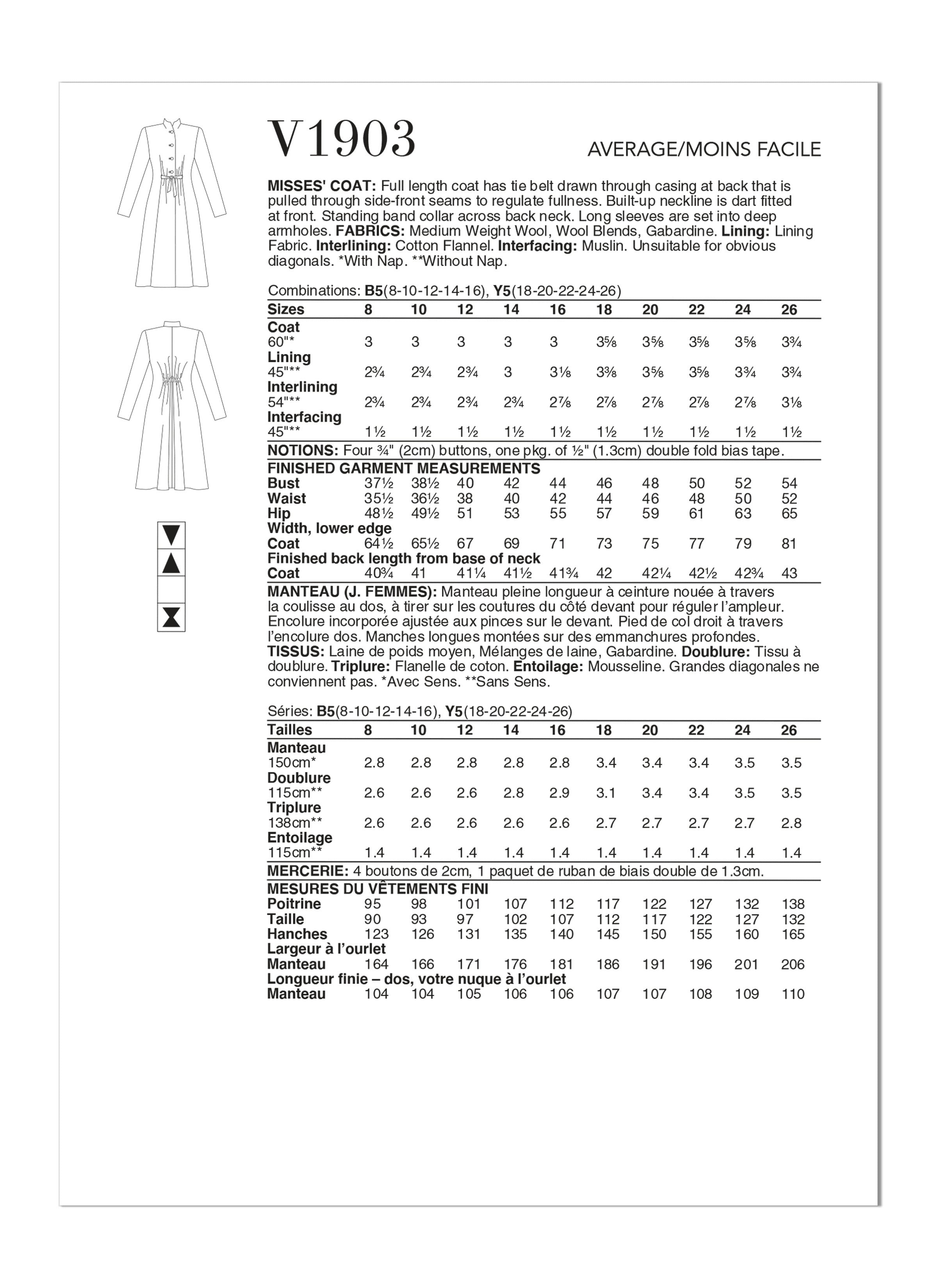 Vogue Sewing Misses' Coat V1903 - Sewing Pattern