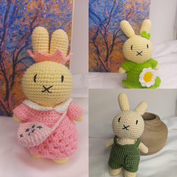 Miffy Bunny Outfit Bundle - Crochet Patterns for Overalls, Green & Pink Dresses with Accessories