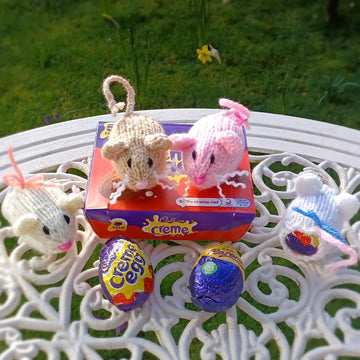 Little Mouse Family Creme Egg Cover Knitting Pattern DK Gift Charity knit EASY Easter Egg Hunt Milk Toy Cadburys Caramel Oreo Egg