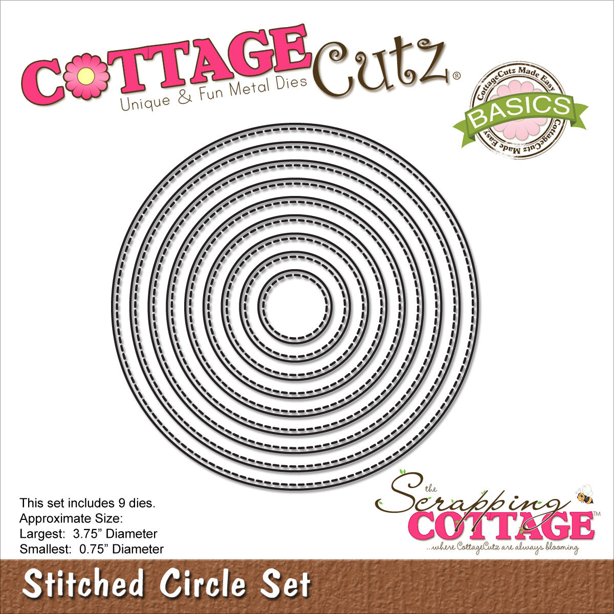 CottageCutz Basics Dies 9/Pkg - Stitched Circle, .75" To 3.75"