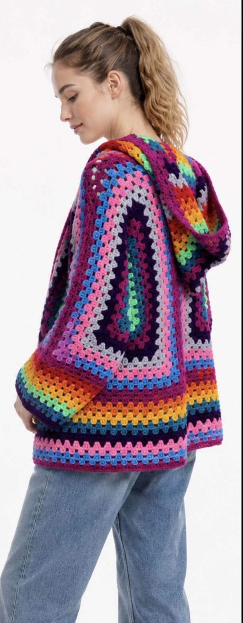 Hexagon Granny Square Crochet Hoodie Cardigan