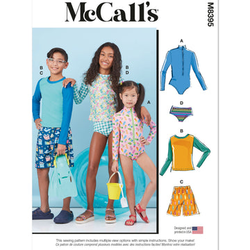 McCall's Children's, Girls' and Boys' Rash Guard Bodysuit, Top, Shorts and Bikini M8395 - Sewing Pattern