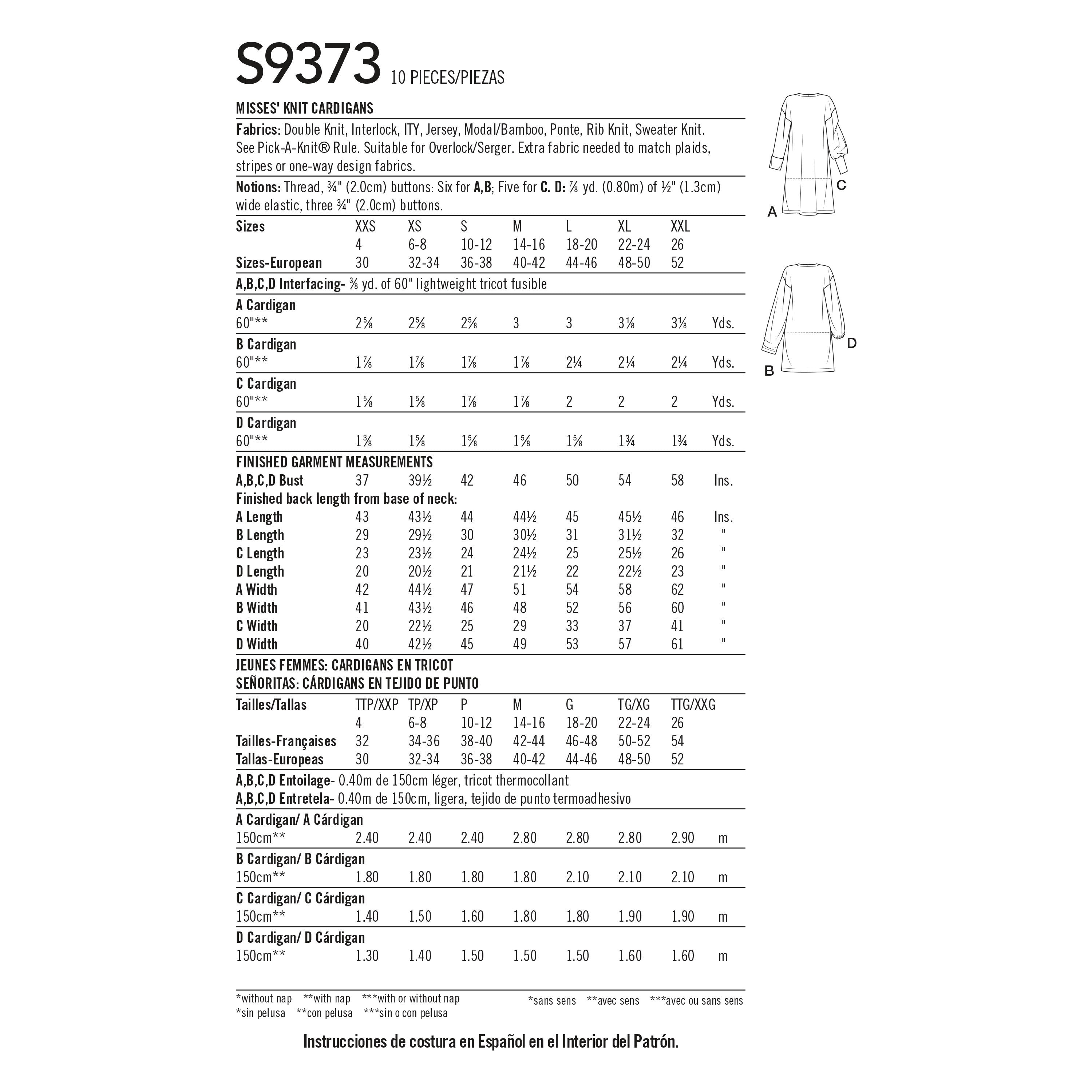 Simplicity Misses' Knit Cardigans S9373 - Sewing Pattern