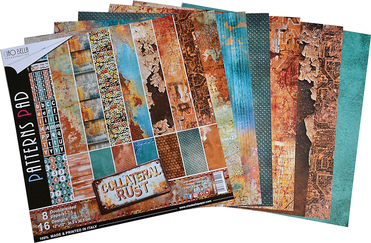 Ciao Bella Double-Sided Paper Pack 90lb 12"X12" 8/Pkg - Collateral Rust, 8 Designs/1 Each