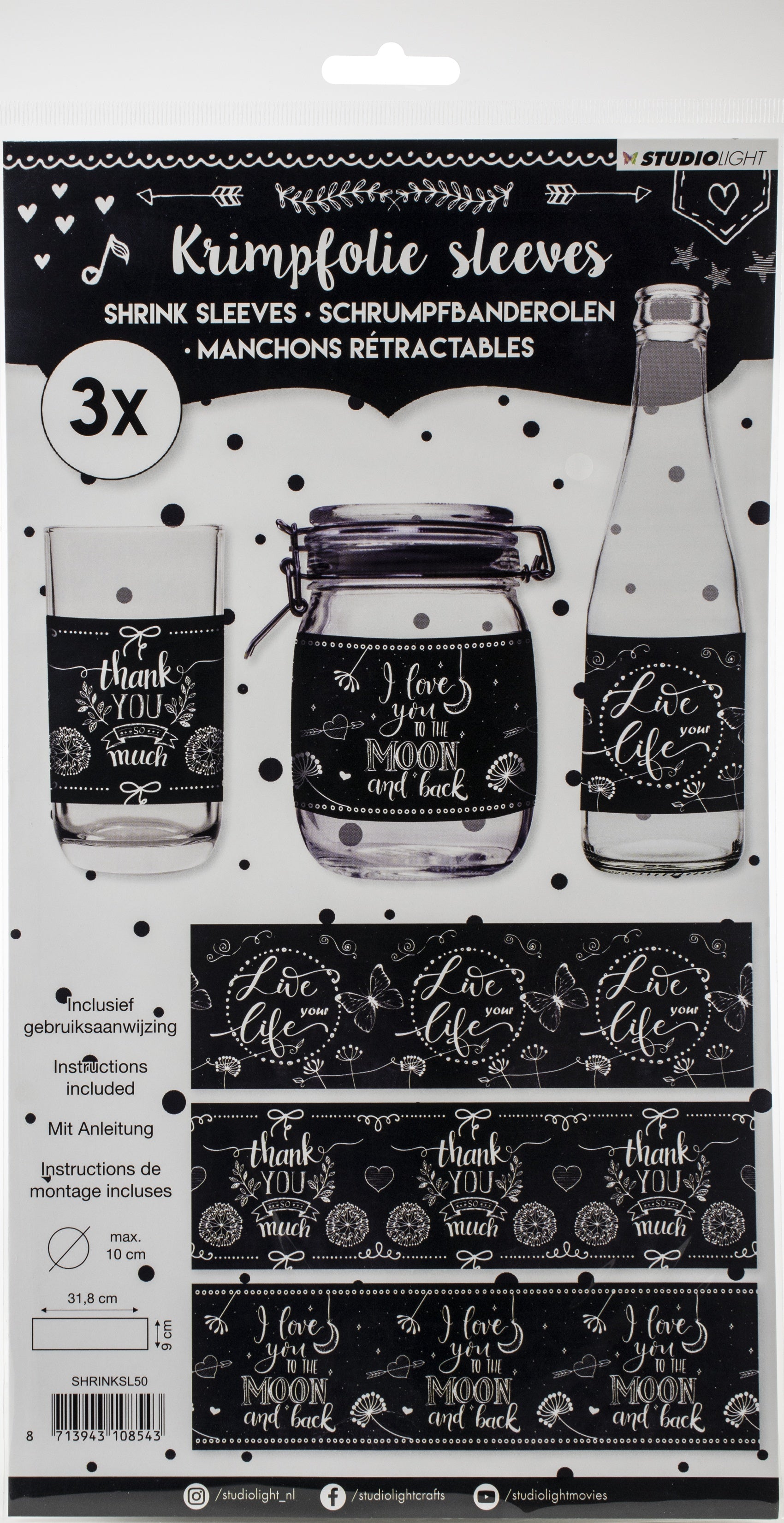Studio Light Shrink Sleeves 12.5"X3.5" 3/Pkg - Chalk, 3 Designs/1 Each
