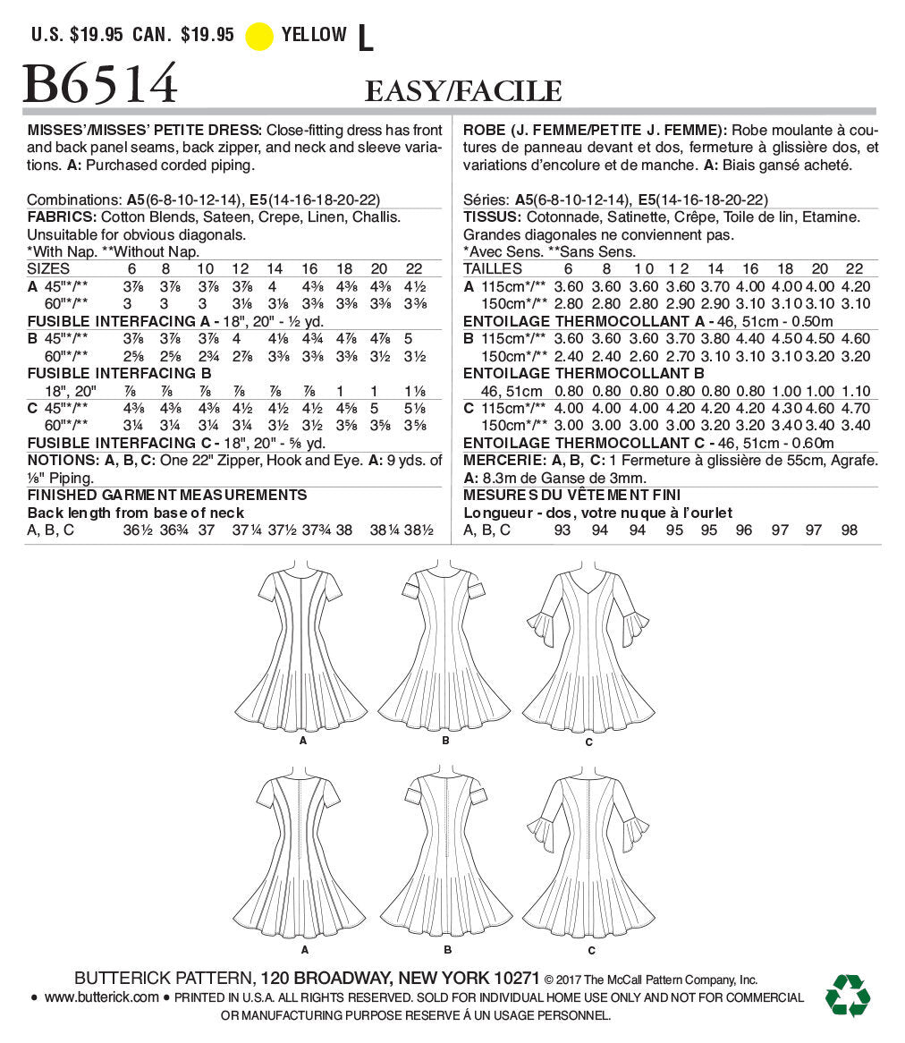 Butterick Misses'/Miss Petite Paneled Dress B6514 - Sewing Pattern