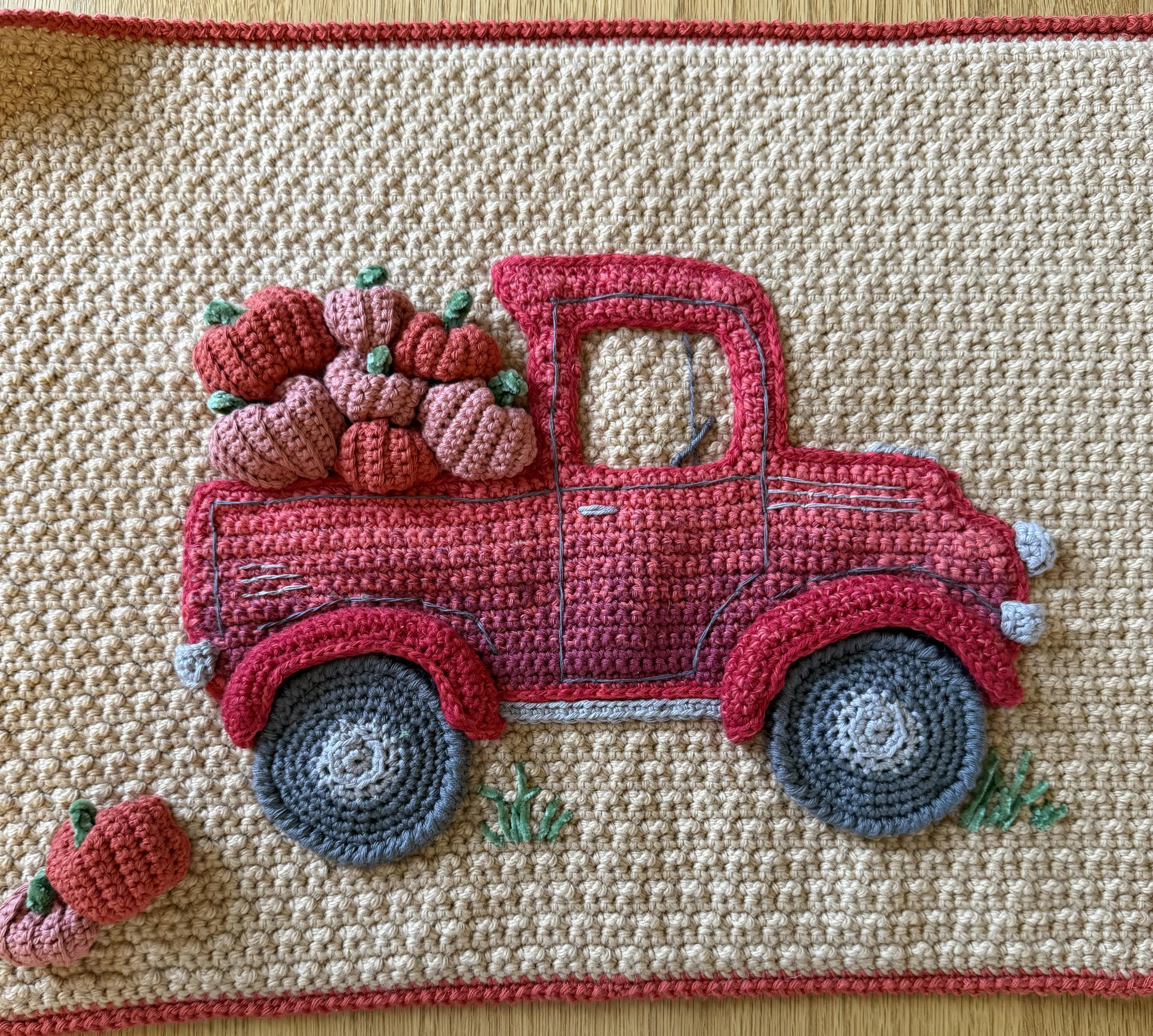 Pumpkin Truck crochet cushion.
