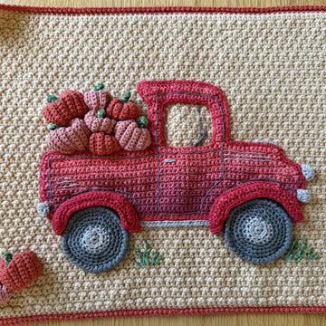 Pumpkin Truck crochet cushion.
