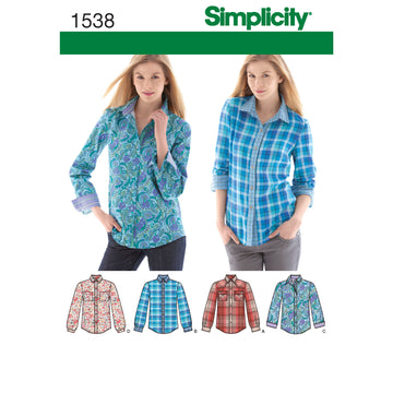 Simplicity Women's  Button Front Shirt sizes 6 - 22 1538 - Sewing Pattern