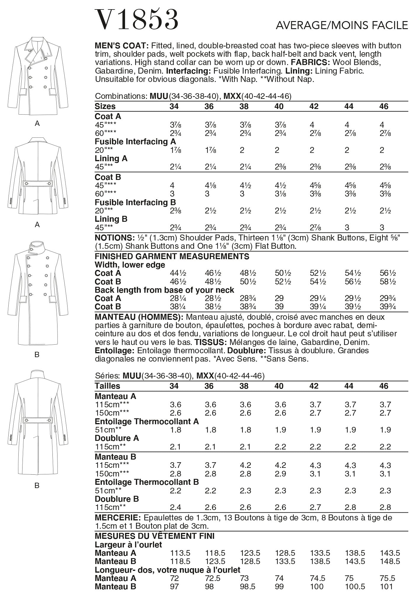 Vogue Men's Coat V1853 - Sewing Pattern