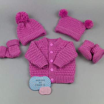 Calum Unisex Baby Knitting Pattern cardigan,hats, mitts and booties hats