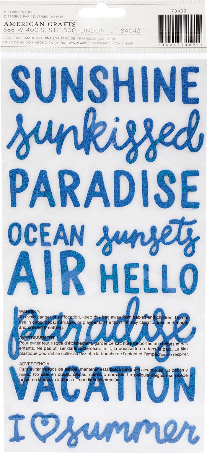 American Crafts Oh Summertime Thickers Stickers 5.5"X11" 88/Pkg - Phrase & Icon/Blue Glitter Foam