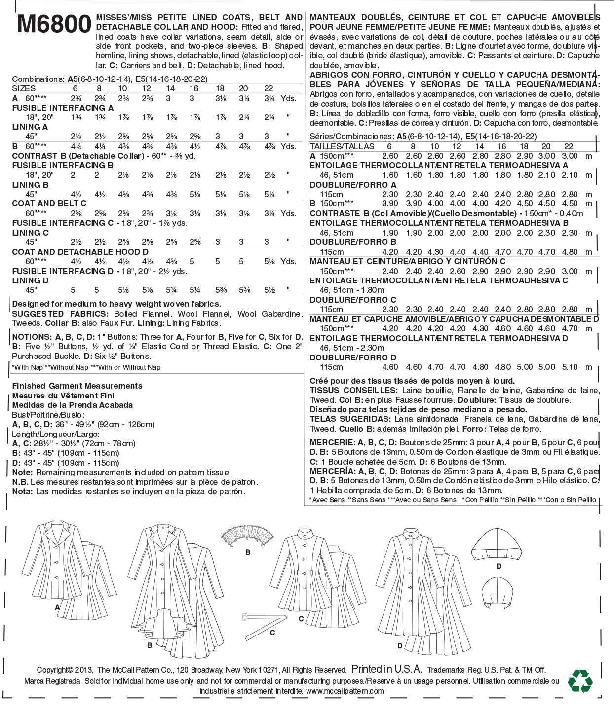 McCall's Misses'/Miss Petite Lined Coats, Belt and Detachable Collar and Hood M6800 - Sewing Pattern