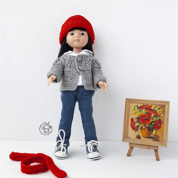 Outfit Red and gray for 13" dolls knitted flat