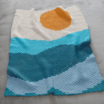 Sun & Waves Landscape Blanket C2C Crochet Pattern 75x60" Chart Crib