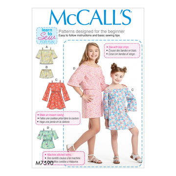 McCall's Children's/Girls' Off-the-Shoulder Top, Dress and Romper with Sleeve Variations M7590 - Sewing Pattern