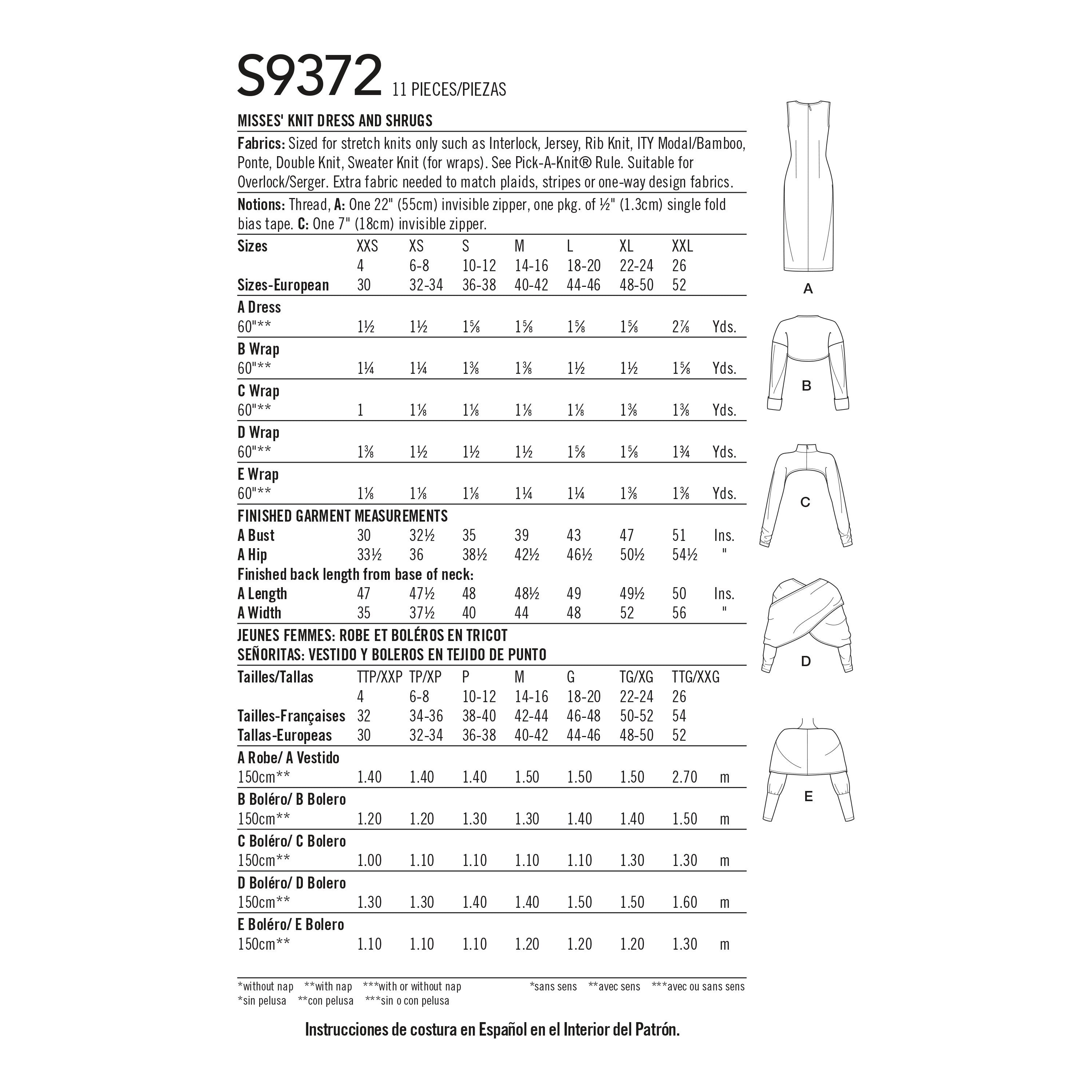 Simplicity Misses' Knit Dress and Shrugs S9372 - Sewing Pattern