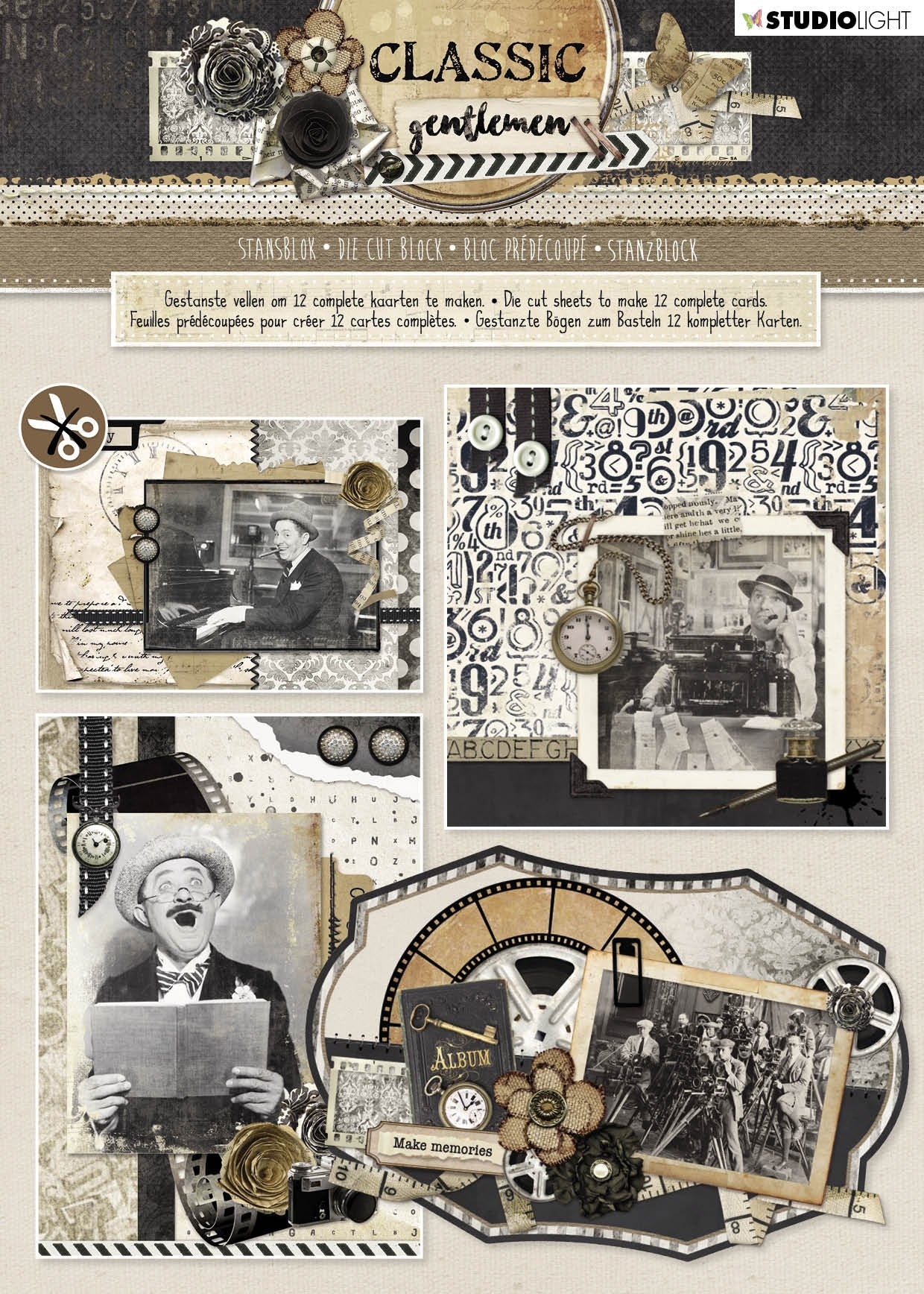 Studio Light Die-Cut Card Toppers A4 12/Pkg - Classic Gentleman, Makes 12 Cards