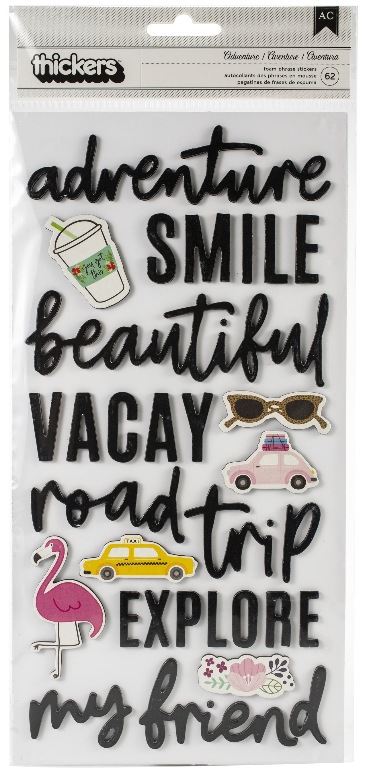 American Crafts Chasing Adventures Thickers Stickers 5.5"X11" 62/Pkg - Phrase & Icon/Black Foam