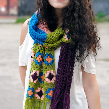 Farfallina patchwork crochet scarf with fringe