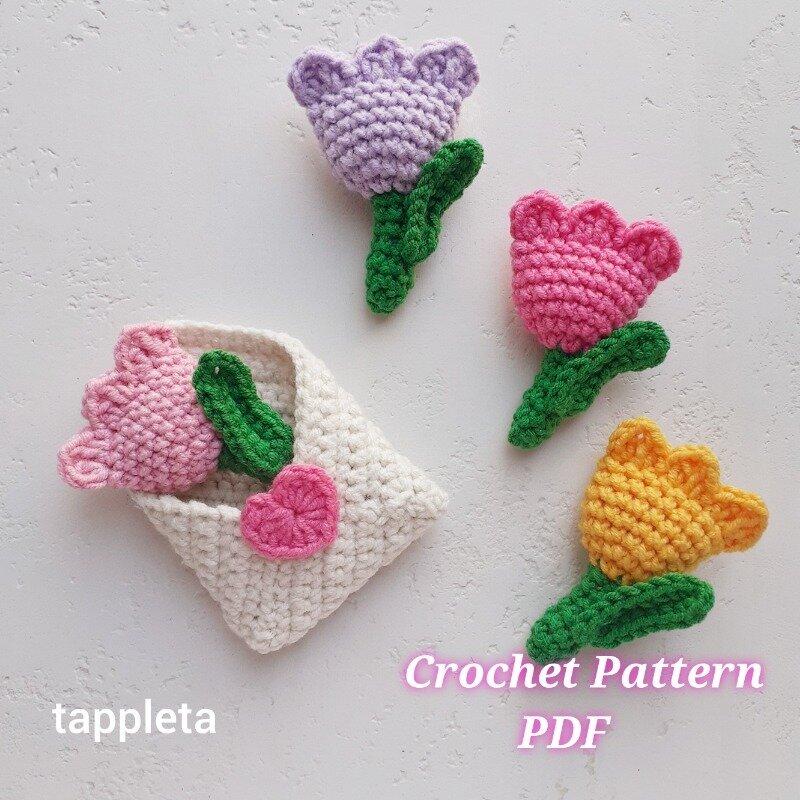 Love letter with tulip crochet pattern, Mini tulip crochet, Valentines day Envelope small gift handmade, Galentine favors, Mother day gift