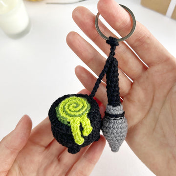 Halloween Cauldron with Broom crochet pattern, Amigurumi keyring Spooky crochet charm