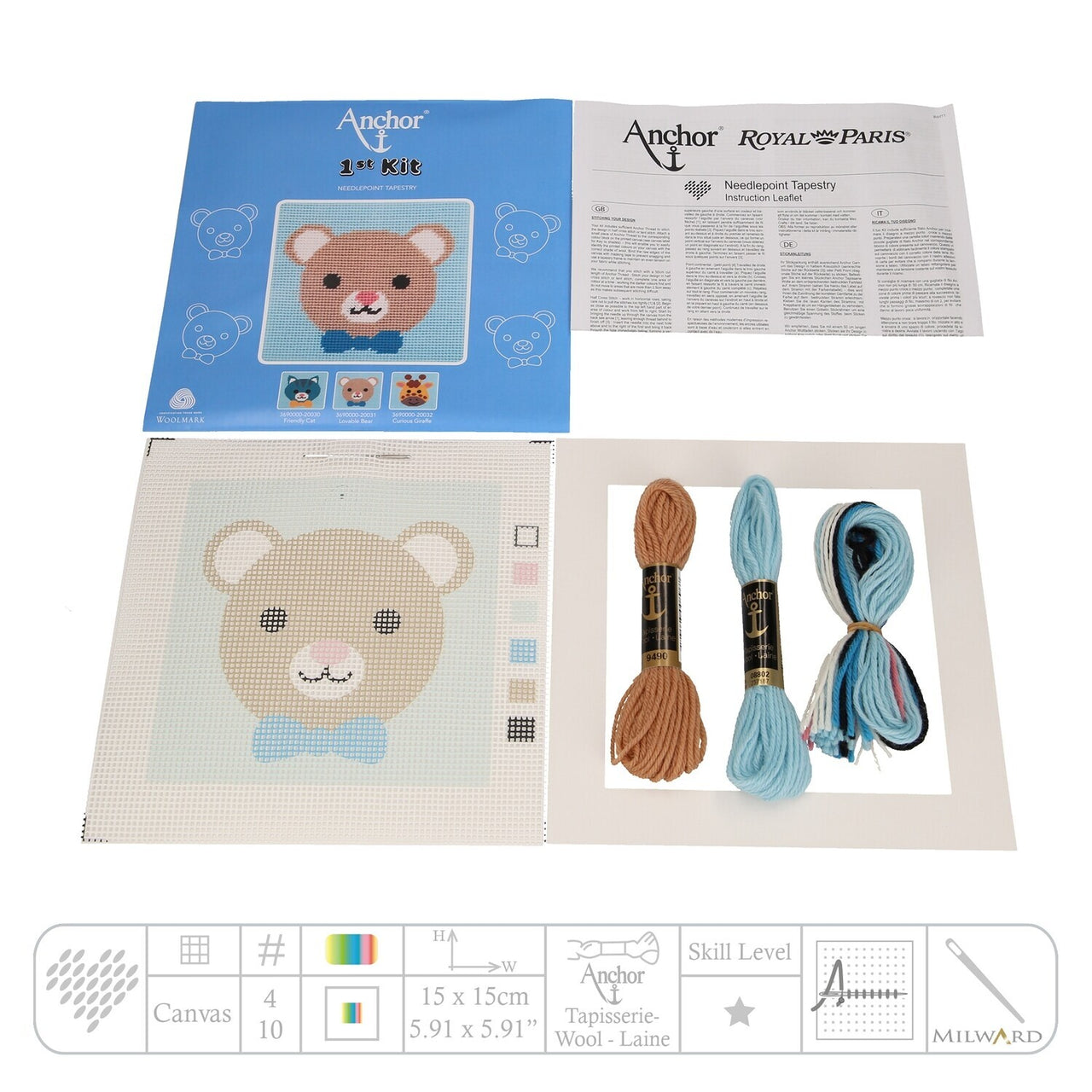 Anchor 1st Kit - Loveable Bear Tapestry Kit - 15cm x 15cm