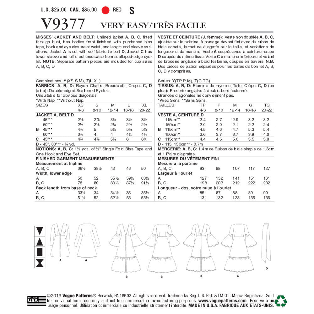Vogue Misses' Jacket and Belt V9377 - Sewing Pattern