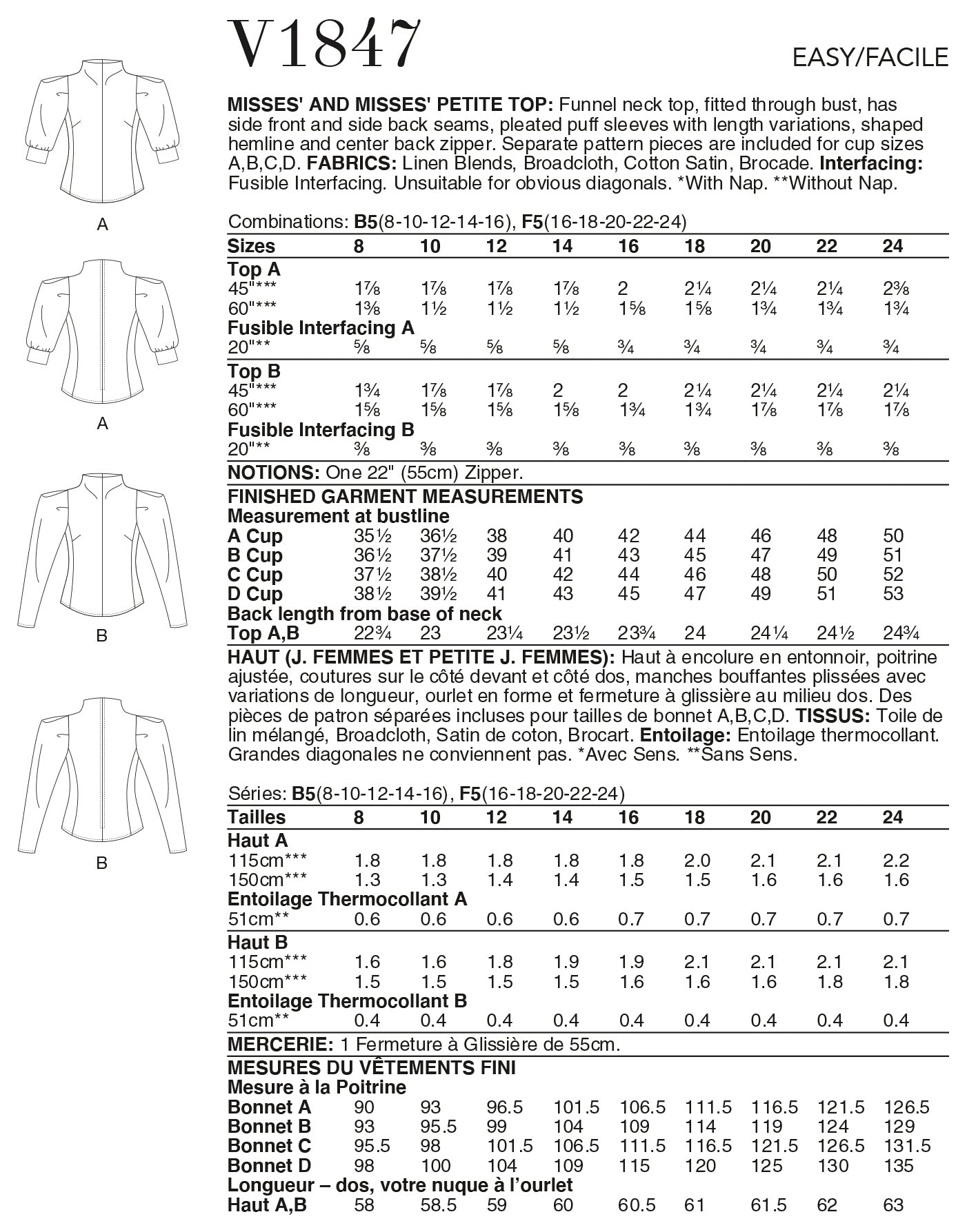 Vogue Misses' and Misses' Petite Top V1847 - Sewing Pattern