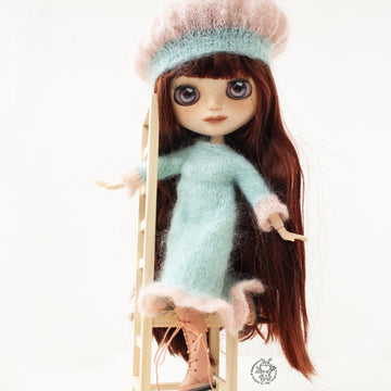 Mint and rose outfit for doll knitted flat