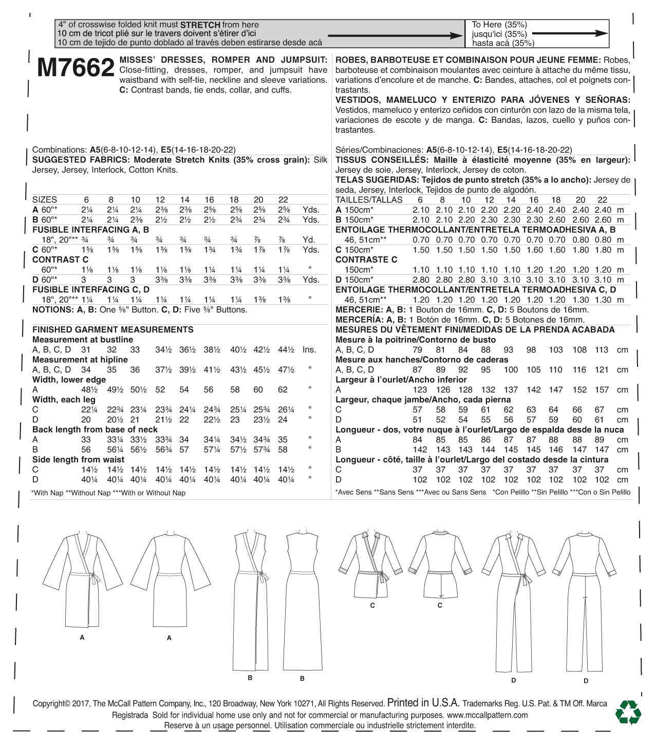 McCall's Misses' Wrap Dresses, Romper and Jumpsuit with Ties M7662 - Sewing Pattern