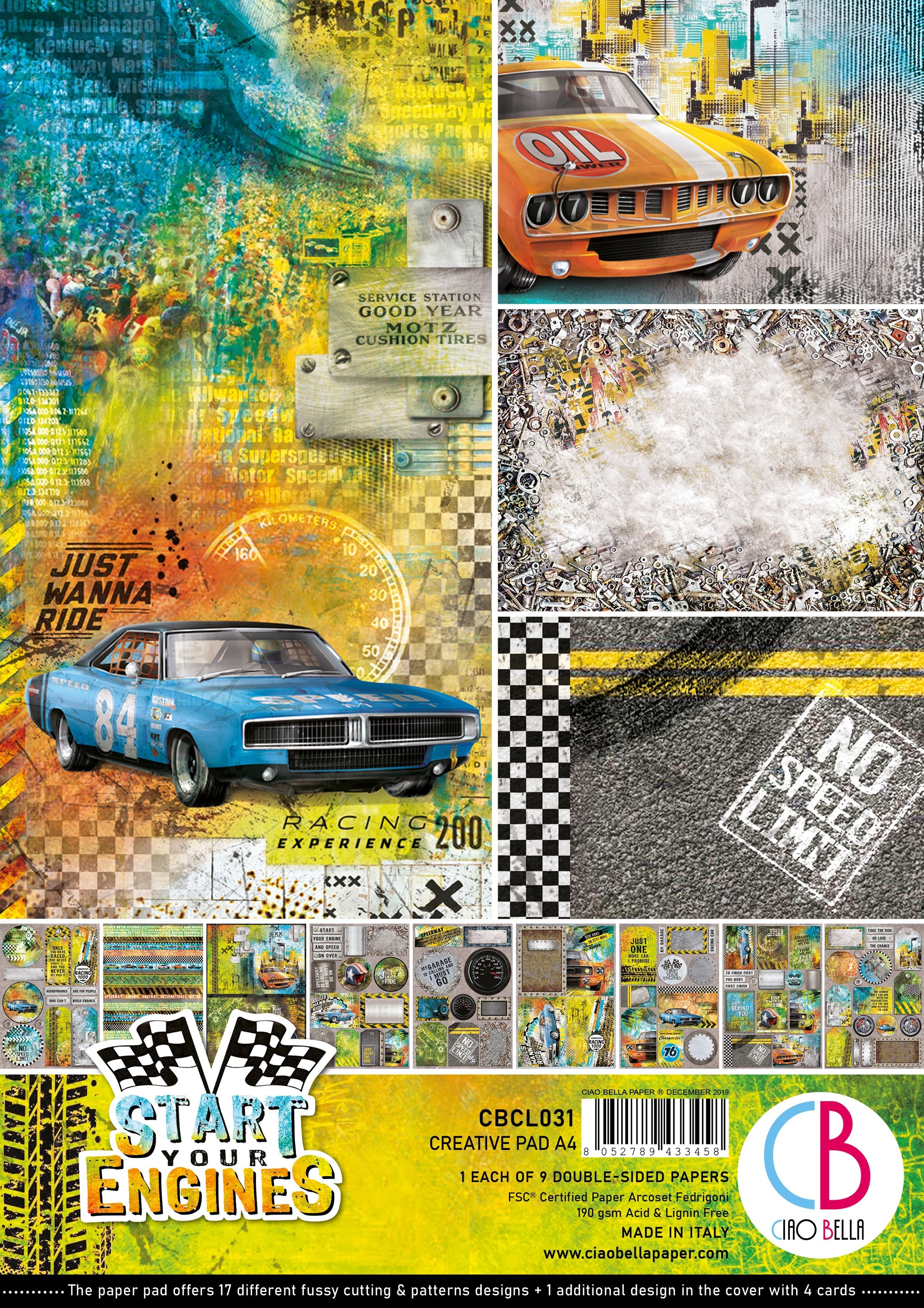 Ciao Bella Double-Sided Creative Pack 90lb A4 9/Pkg - Start Your Engines, 9 Designs/1 Each