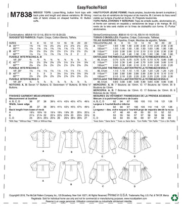 McCall's Misses' Tops M7838 - Sewing Pattern