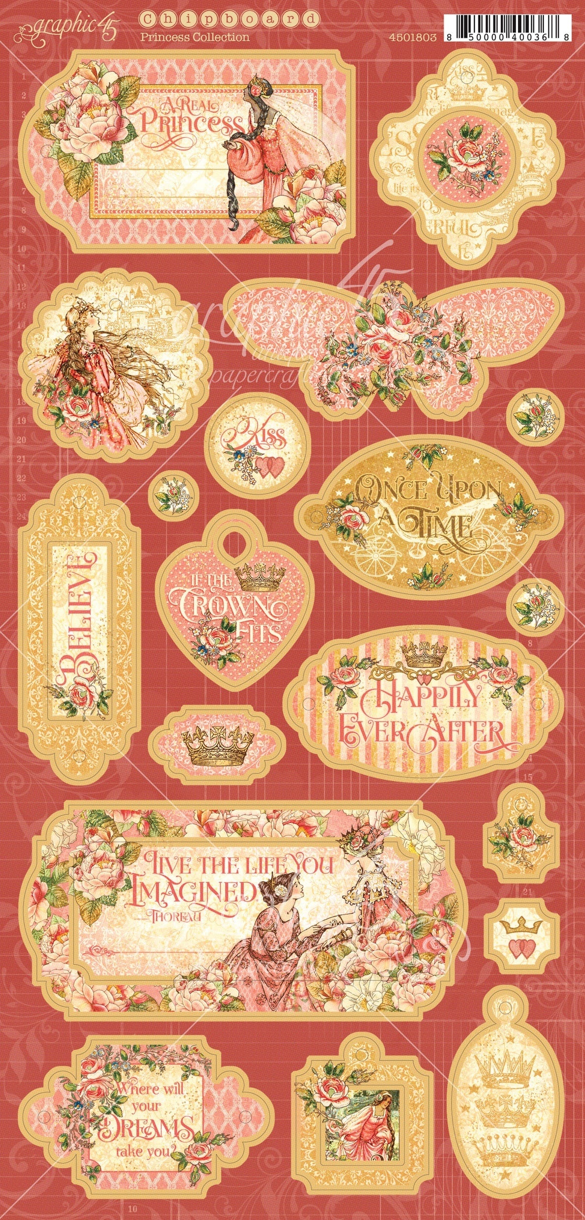 Graphic 45 Princess Chipboard Die-Cuts 6"X12" Sheet - Decorative & Journaling