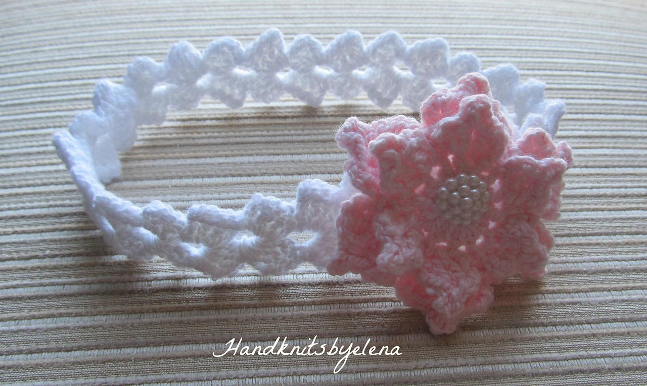 Crochet Headband with a Pink Rose