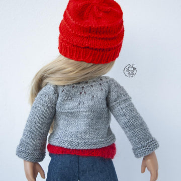 Gray and red outfit  knitted flat for 18in doll