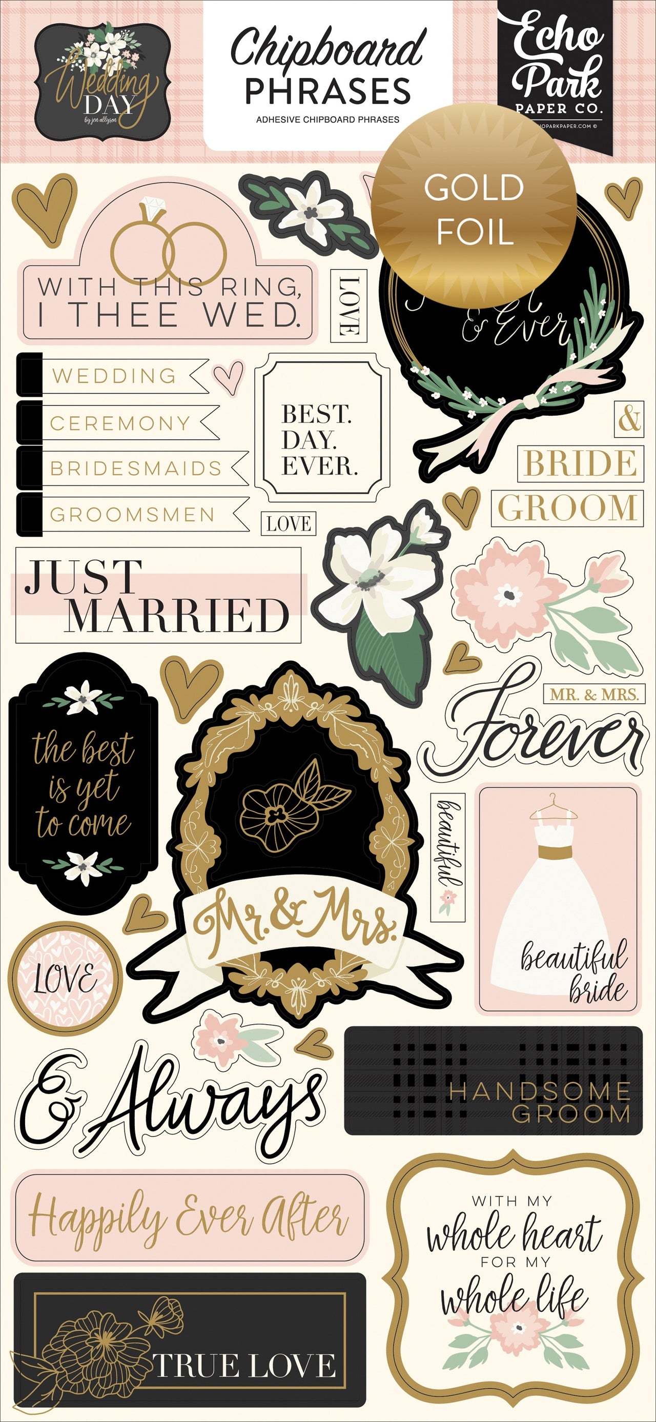 Echo Park Paper Wedding Day Chipboard 6"X13" - Phrases