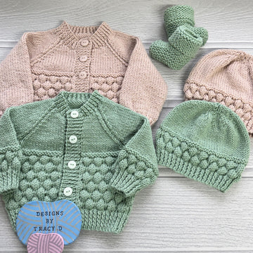 Annabeth Cardigan, Hat & Booties, 16-20 inch chest 0-12mths