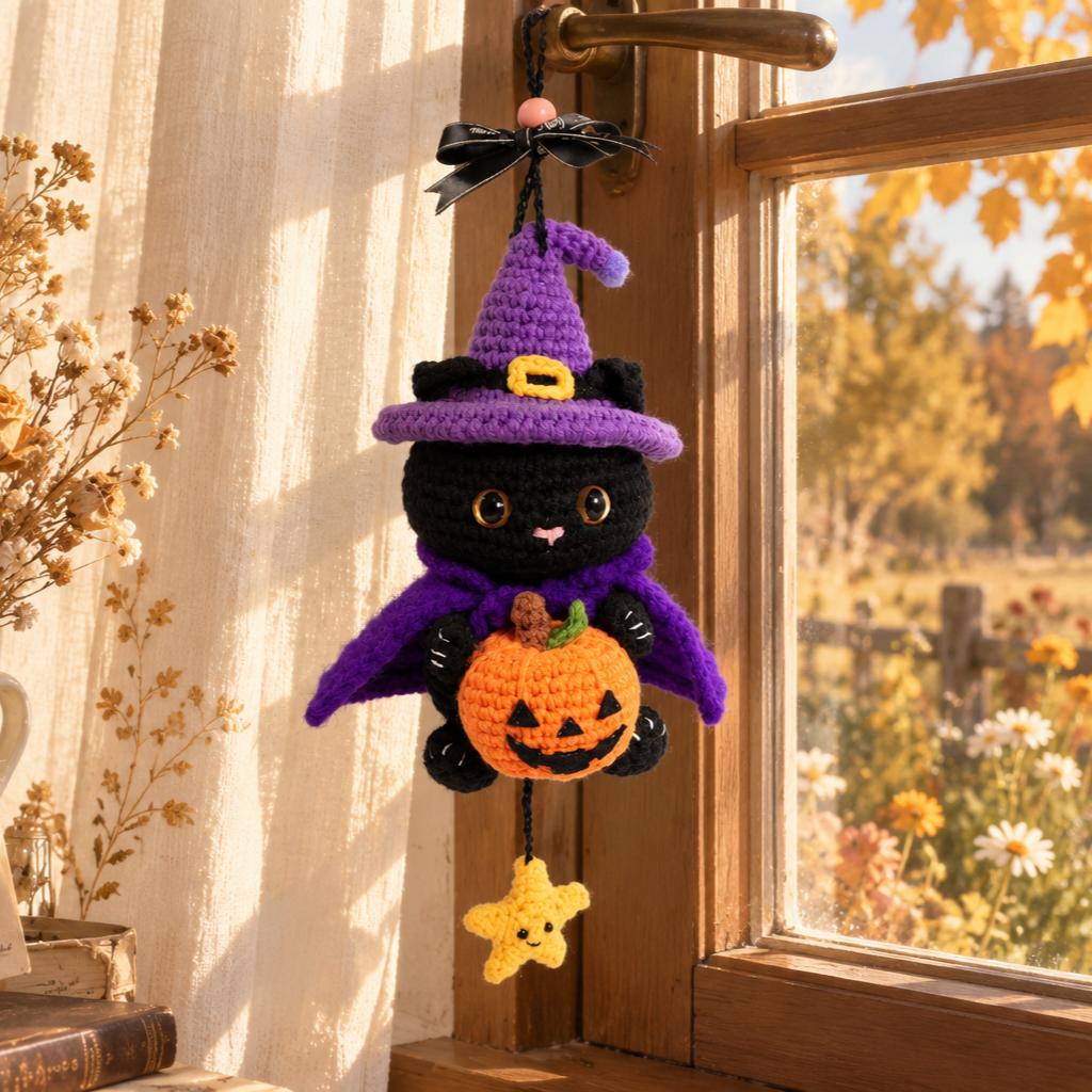Crochet PDF pattern Witchy Cat Halloween hanging