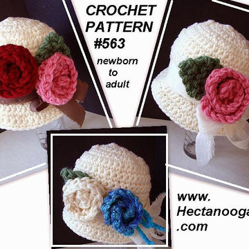 563 CROCHET cloche hat with roses, baby to women sizes