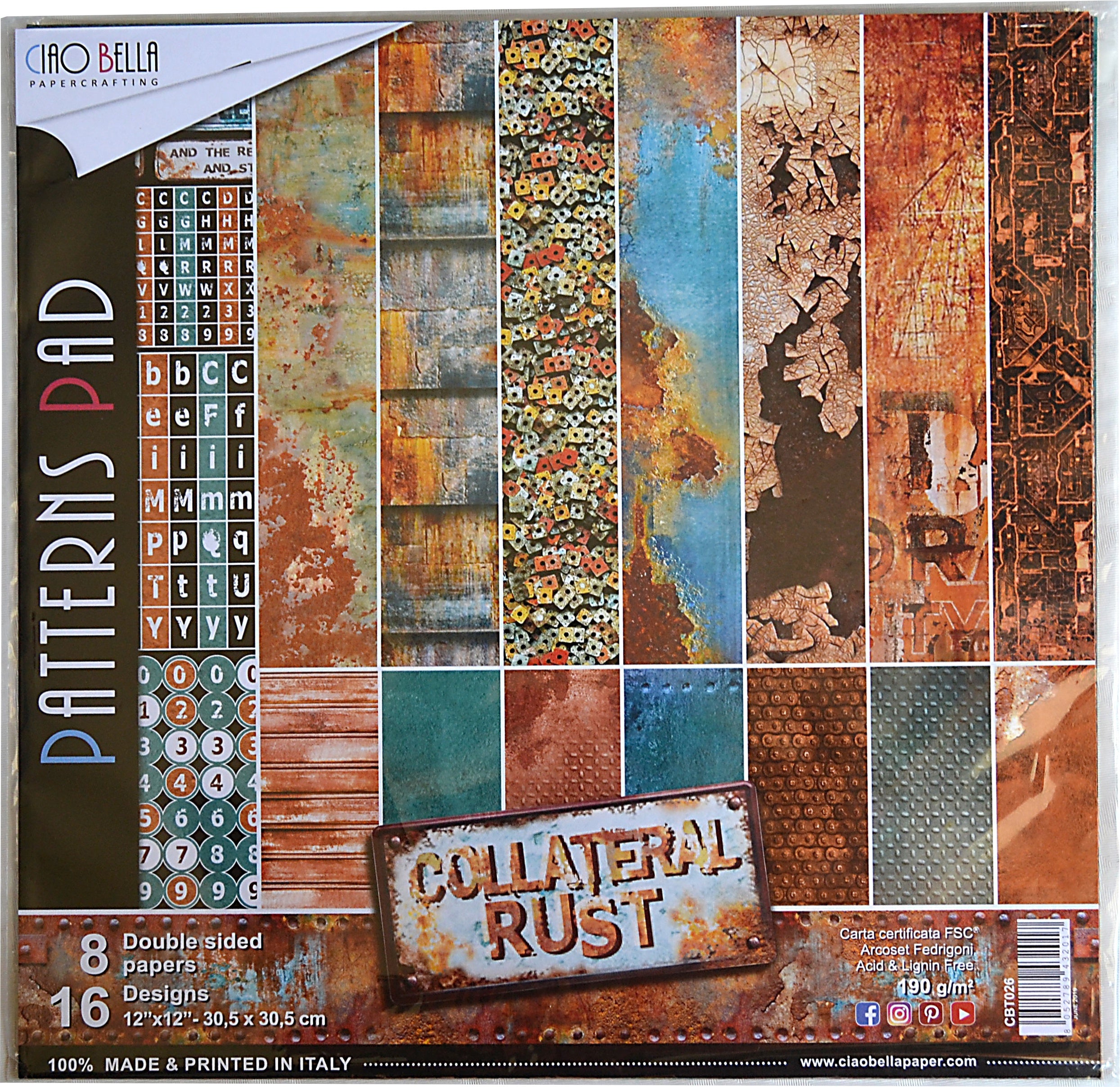 Ciao Bella Double-Sided Paper Pack 90lb 12"X12" 8/Pkg - Collateral Rust, 8 Designs/1 Each