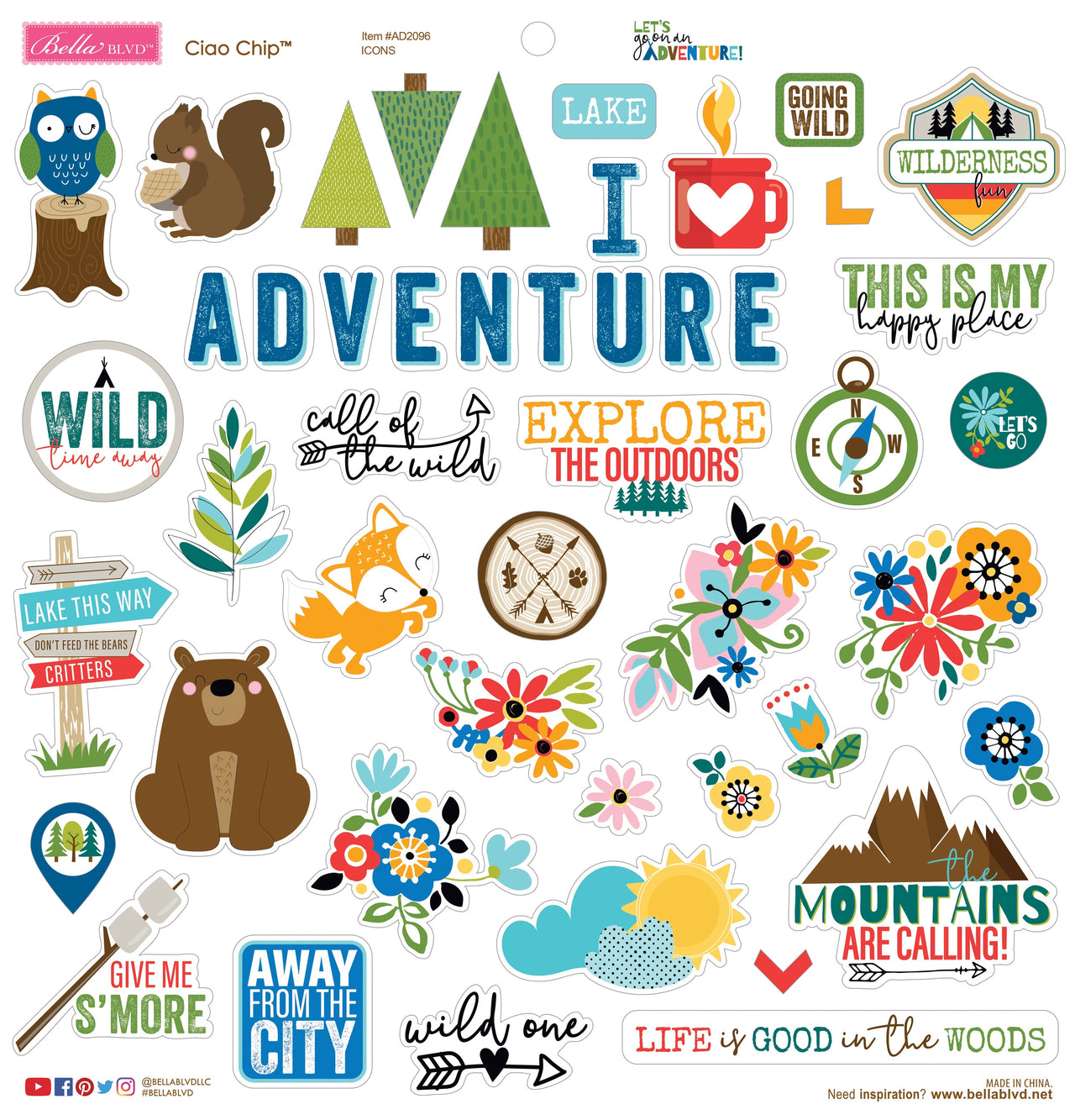 Doodlebug Bella Blvd Chipboard Stickers 12"X12" - Let's Go On An Adventure