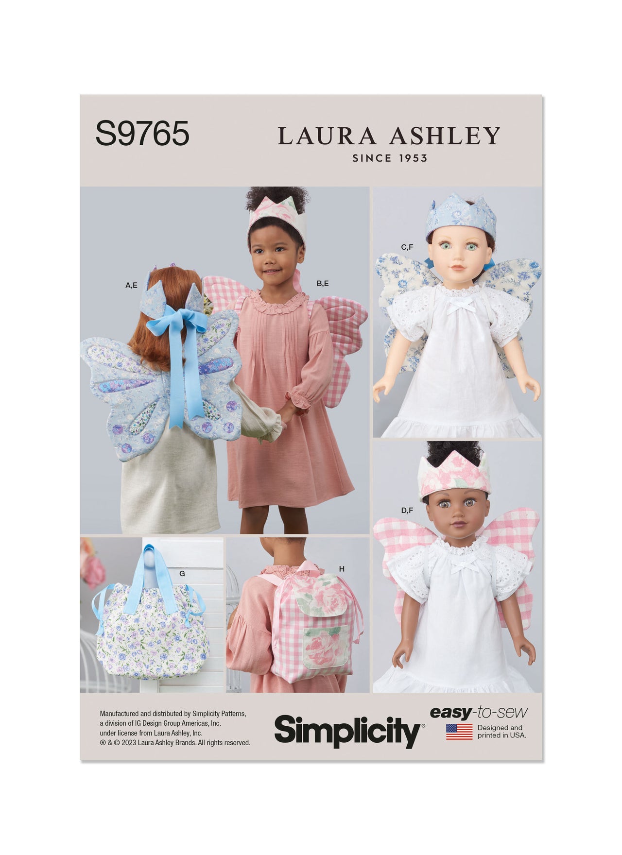 Simplicity Children's Wings in Sizes S-M-L, Crown, Tote, Backpack and Wings and Crown for Doll or Plush Animals by Laura Ashley S9765 - Sewing Pattern