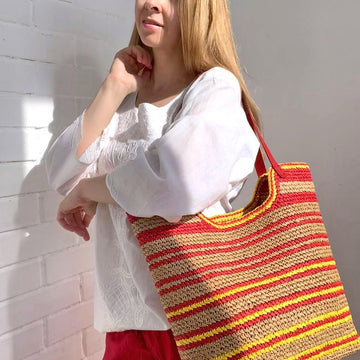 Crochet Raffia Beach Bag Pattern, Striped Tote with Leather Handles